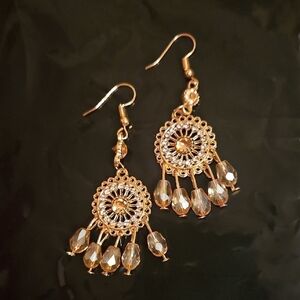 Gold Tone and Crystal Earrings, Dreamcatcher Shape, NWT